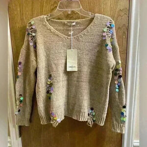 Grifflin Distressed Ripped Sweater with Multicolored Sequins Tan Size S/M Soft